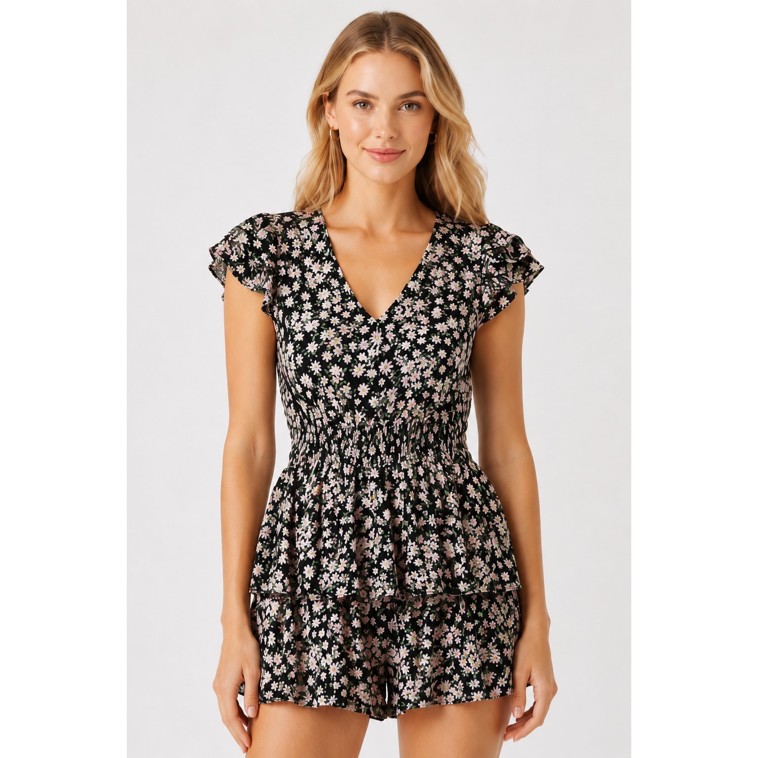 Alice Olivia Women Mariska Floral Ruffle Romper V Neck Short Sleeve Size 6 Black